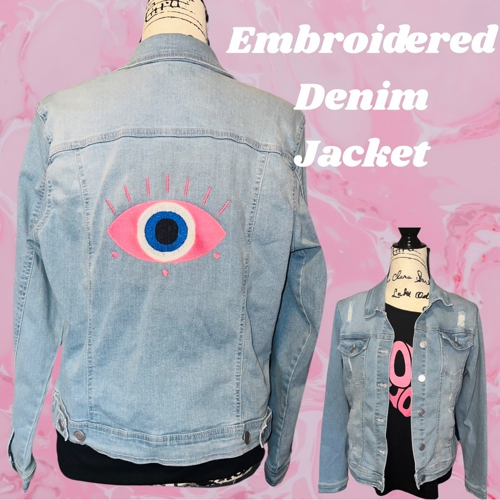 New Women’s Denim jacket with embroidered pink evil eye